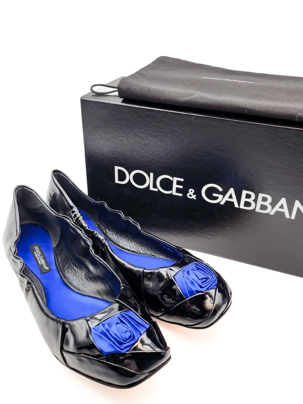 Dolce & Gabbana Patent Leather Black Ballet Silk Rose Flats EU 38